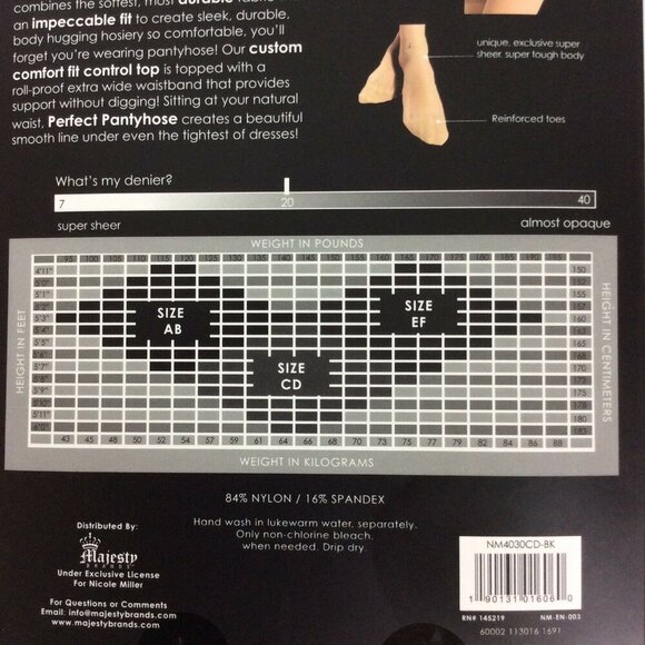 Nicole Miller New York Perfect Sheer Pantyhose Size CD Large Black Control Top - Picture 3 of 3